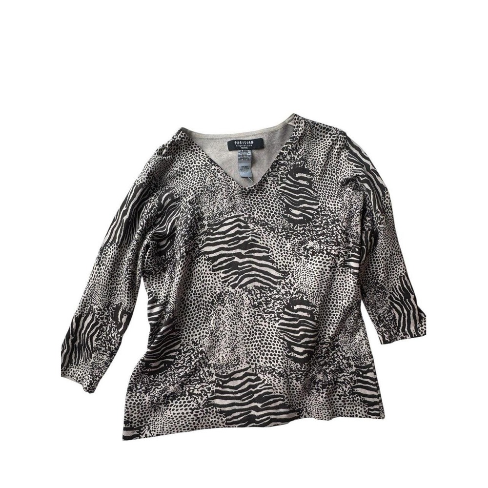 Parisian Signature Vintage 90s Silk Leopard Print V Neck Sweater Silver Petite S